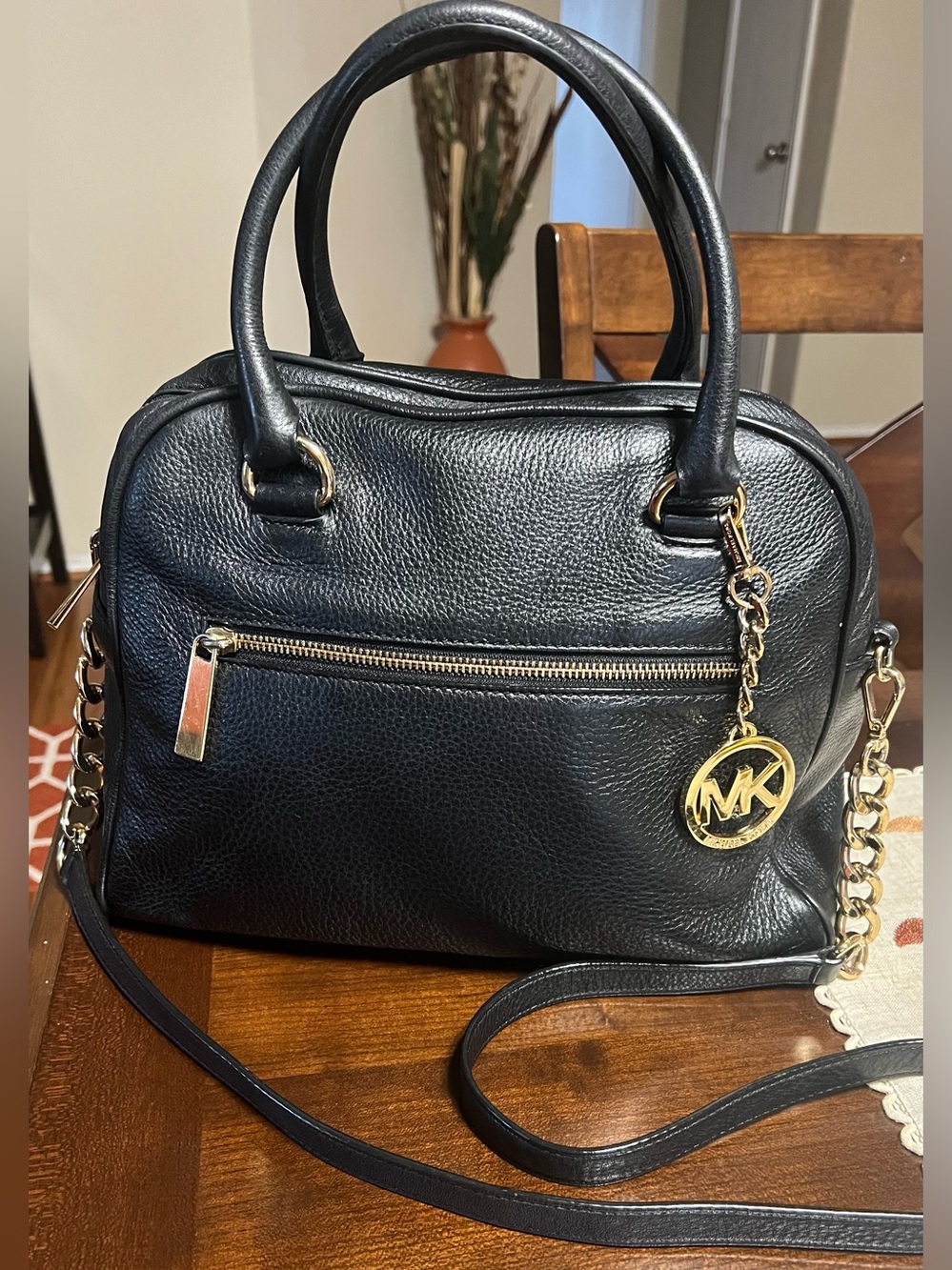 Michael Kors Black Pebbled Leather Satchel with Gold Accents